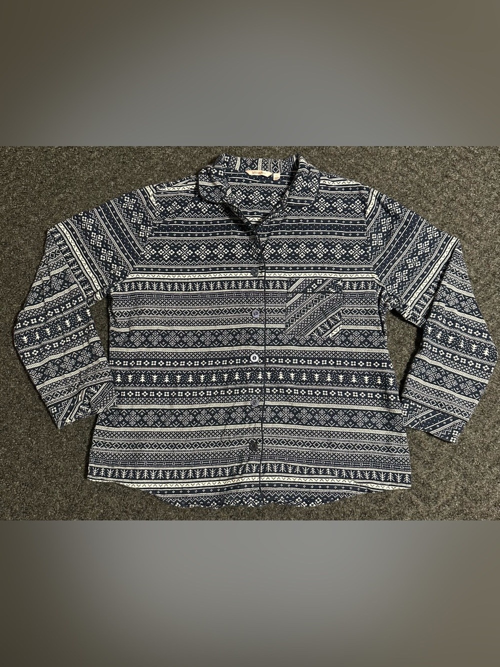La Vie en Rose Navy Blue Fair Isle Button Up Pajama Top Size L